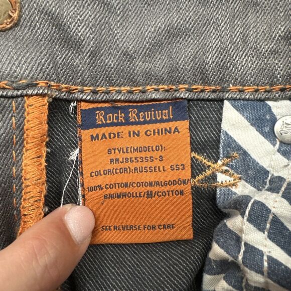 Rock Revival Russell Slim Straight Jeans Mens Size 33 Gray Embroidered - Picture 12 of 13